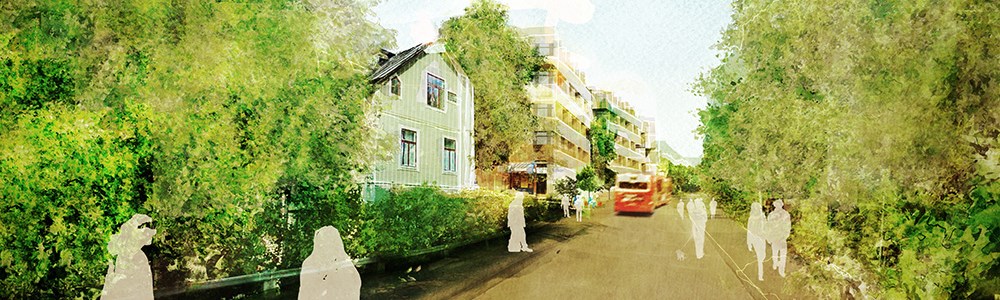 Illustration över den framtida gatumiljön med nya hus längs Birkavägen.
