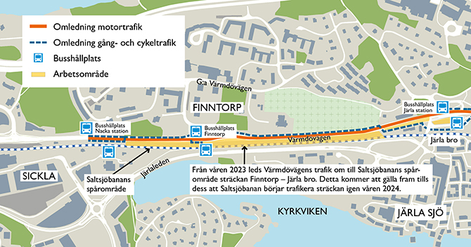 Karta som visar trafikomläggning längs Värmdövägen