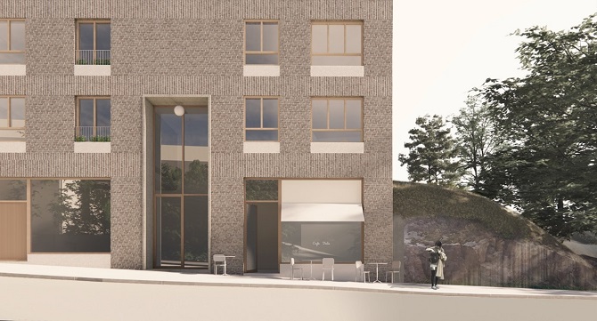 Visionsbild för bostadshus, Hantverkshuset, vid Kvarnholmsvägen.