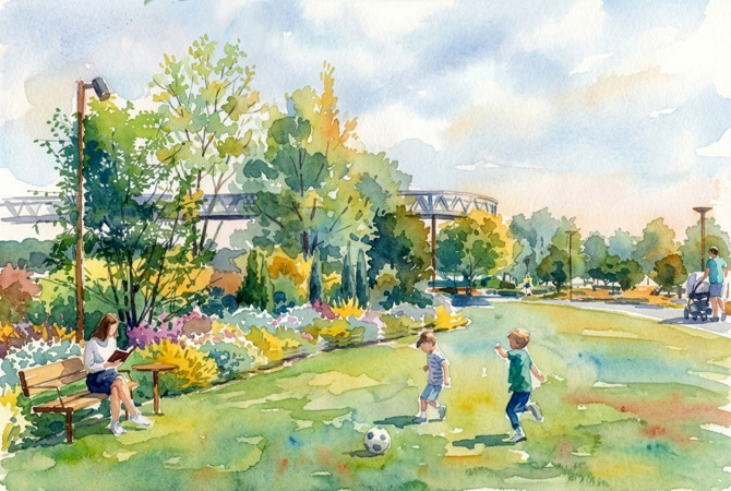 Illustration i akvarell av nya Kyrkviksparken