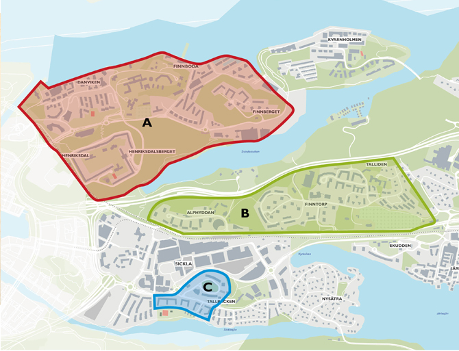 Karta över parkeringszoner A, B och C i Nacka