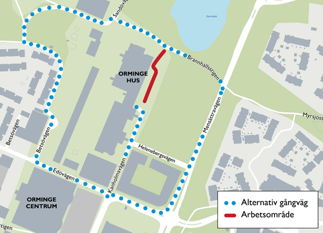 Bilden beskriver alternativa vägar i Orminge