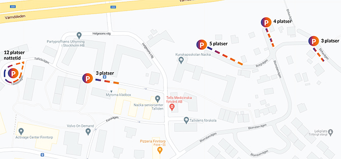 Karta som visar parkeringsplatser i Finntorp