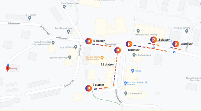 Karta som visar parkeringsplatser i Finntorp
