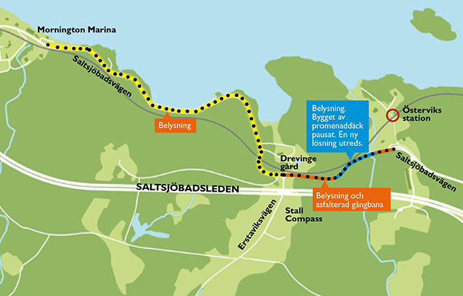 Karta över sträckan längs Saltsjöbadsvägen där det byggs gångbana och belysning. Längs sträckan går även Regionala cykelstråket.