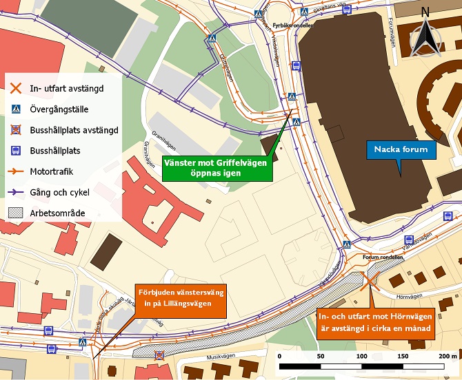 Karta som visar trafikomläggning Värmdövägen