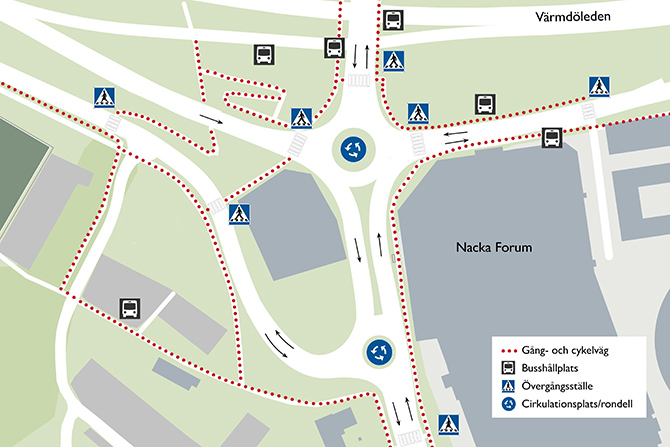 Karta &ouml;ver hur du g&aring;r och cyklar i Fyrb&aring;ksrondellen