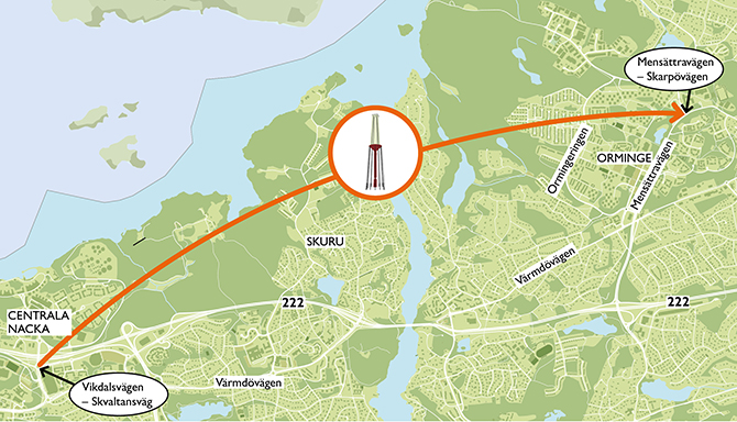 Karta som visar att Nacka Båk flyttar från Fyrbåksrondellen till rondell i Orminge, Mensättravägen-Skarpövägen
