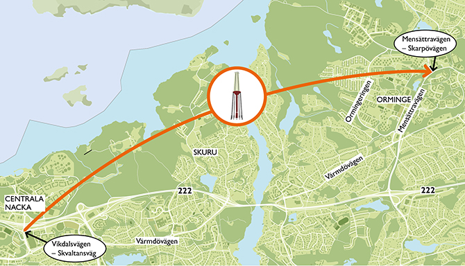 Karta som visar att Nacka Båk flyttar från Fyrbåksrondellen till rondell i Orminge, Mensättravägen-Skarpövägen