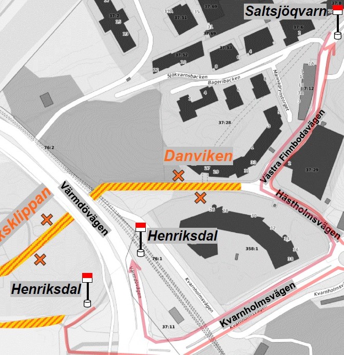 Arbetsområde vid Hästholmsvägen inkl. busslinjer