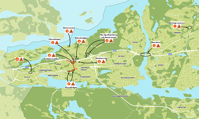 Karta som visar sommarens och höstens planerade arbeten som påverkar trafiken