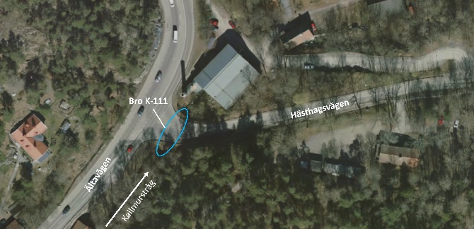 Bild som visar placeringen av rörbron på Hästhagsvägen