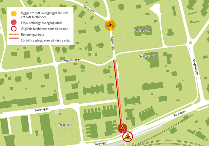 Karta som visar var på Odenvägen belysningsarbetet och åtgärder för att höja trafiksäkerheten utförs.
