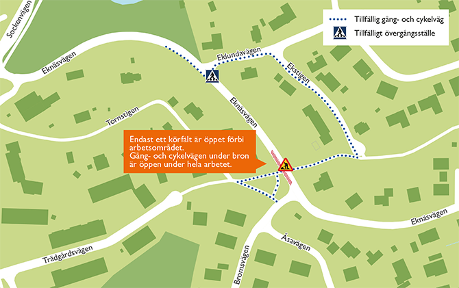 Karta som visar omledning av gångväg när en bro på Eknäsvägen renoveras.