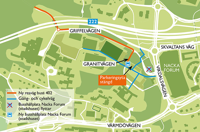 Karta över nya busshållplats Nacka Forum (stadshuset)