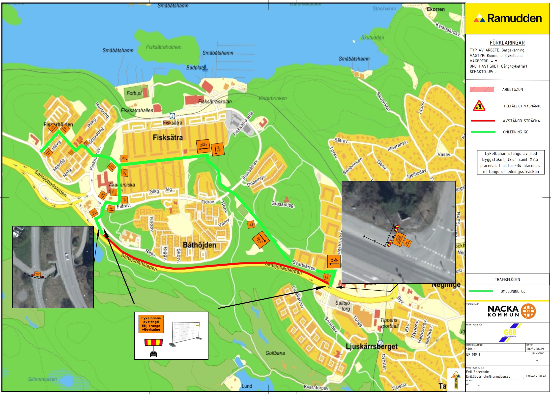Kartbild över arbetsområde för bergskärningar på Saltsjöbadsleden
