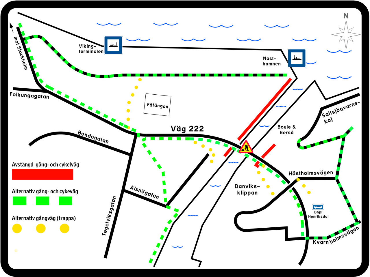 Karta över avstängda gång- och cykelvägar samt hänvisning till alternativa vägar