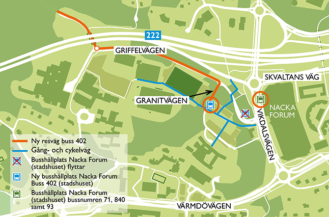 Bild som visar karta över nya busshållplatsen för linje 402