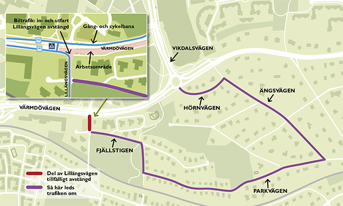 Karta som visar omledning av motortrafik när Lillängsvägen stängs från och med den 13 september och två veckor framåt