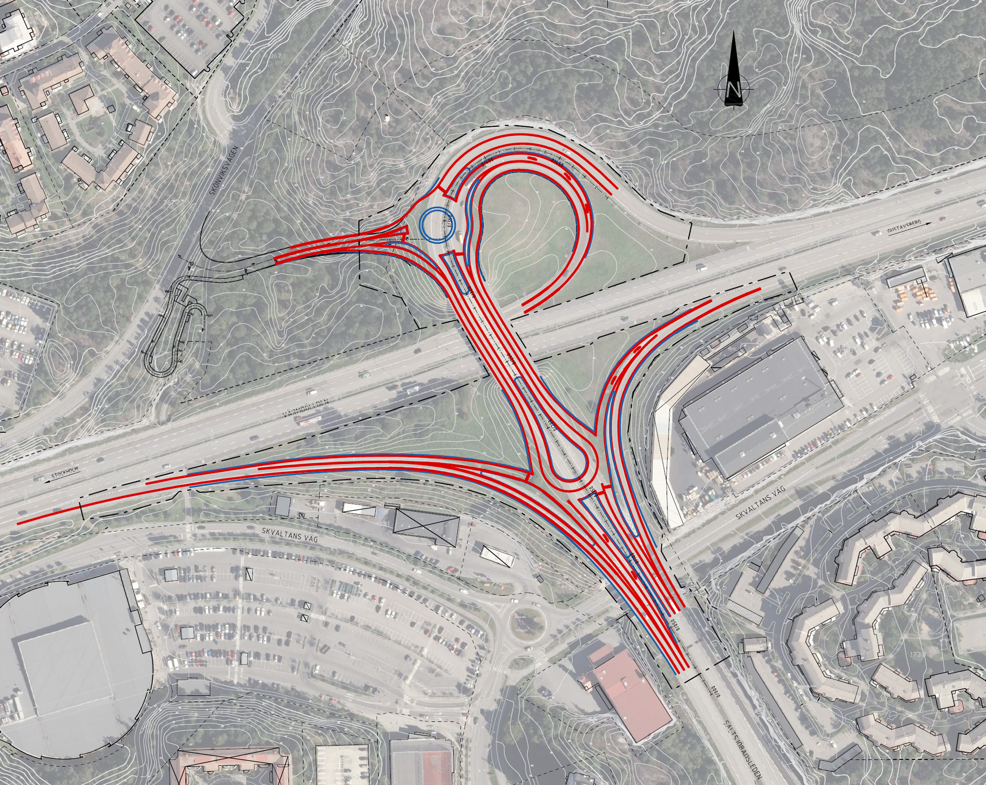 På bilden visas med röd linje hur vi ska bygga om trafikplats Skvaltan. Bild: Trafikverket