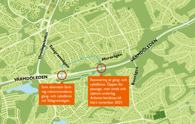Karta som visar renoveringen av gång- och cykelbro över Värmdöleden. Bron är öppen för passage under byggtiden, men underlaget kan vara ojämnt så kartan visar även alternativ förväg. 