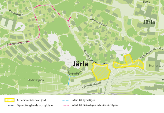 Karta som visar trafikavstängning korsningen Birkavägen-Kyrkstigen