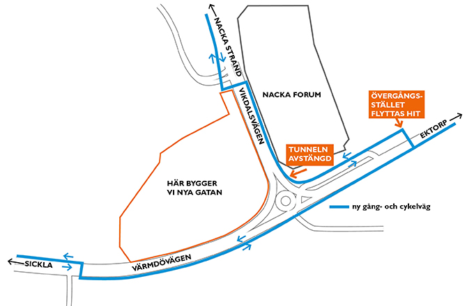 Karta över ny gång- och cykelväg förbi NAcka forum när gång- och cykeltunnel stängs av.