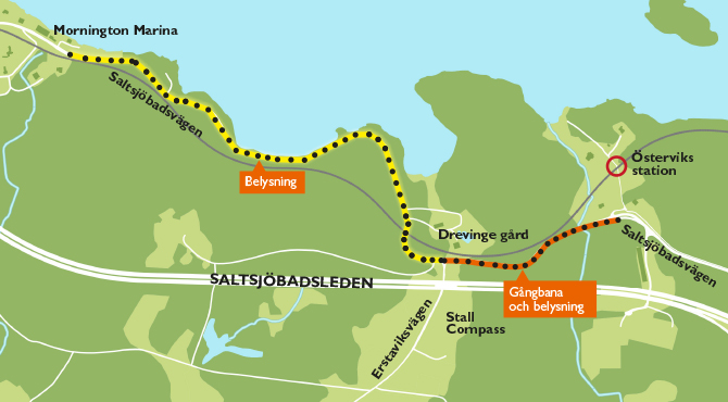Karta över sträckan där gångbana och belysning byggs, mellan Östervik till Erstaviksvägen och därefter belysning till Morningside Marina.