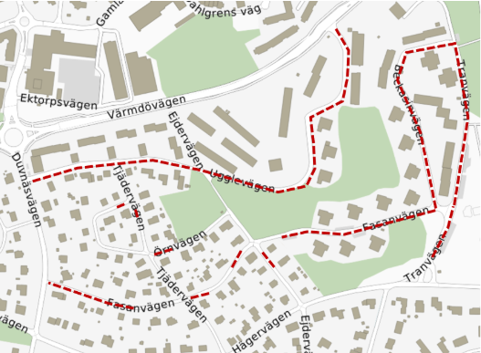 Karta som visar ungef&auml;rliga placeringar av parkeringsplatser med avgift och boendeparkering i Saltsj&ouml;-Duvn&auml;s. 