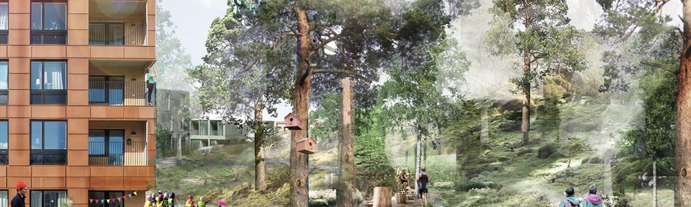 Illustration av en skogsbacke och ett par av de nya husen i detaljplanen Henriksdalsbacken
