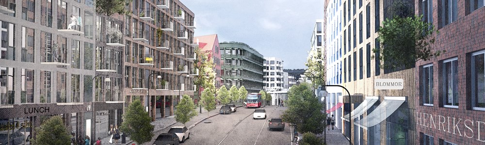 Stadsgata kantad av höga hus