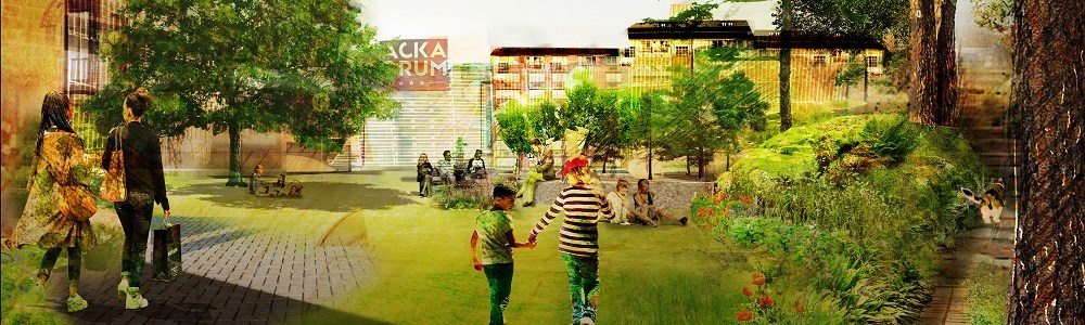 Gräs, gångväg, människor och träd. En stadspark omgiven av de framtida husen.