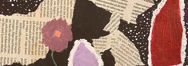 Ett collage med tidningspapper och färgat papper