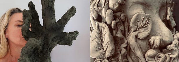 konstnären och ett av hennes verk i lera