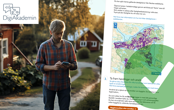 Fotocolloge man utomhus med mobil i handen och skärmavbild från e-tjänster för bygglovsenheten