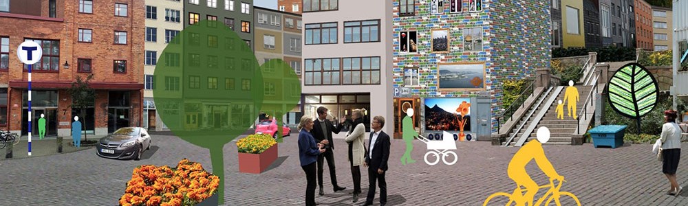 Tecknad bild över torgmiljö och tunnelbaneingången för Nacka stad.