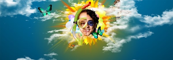 dekorativ bildcollage med två pojkar, cyklop, blommor, fjärilar och sol mot en himmel som bakgrund